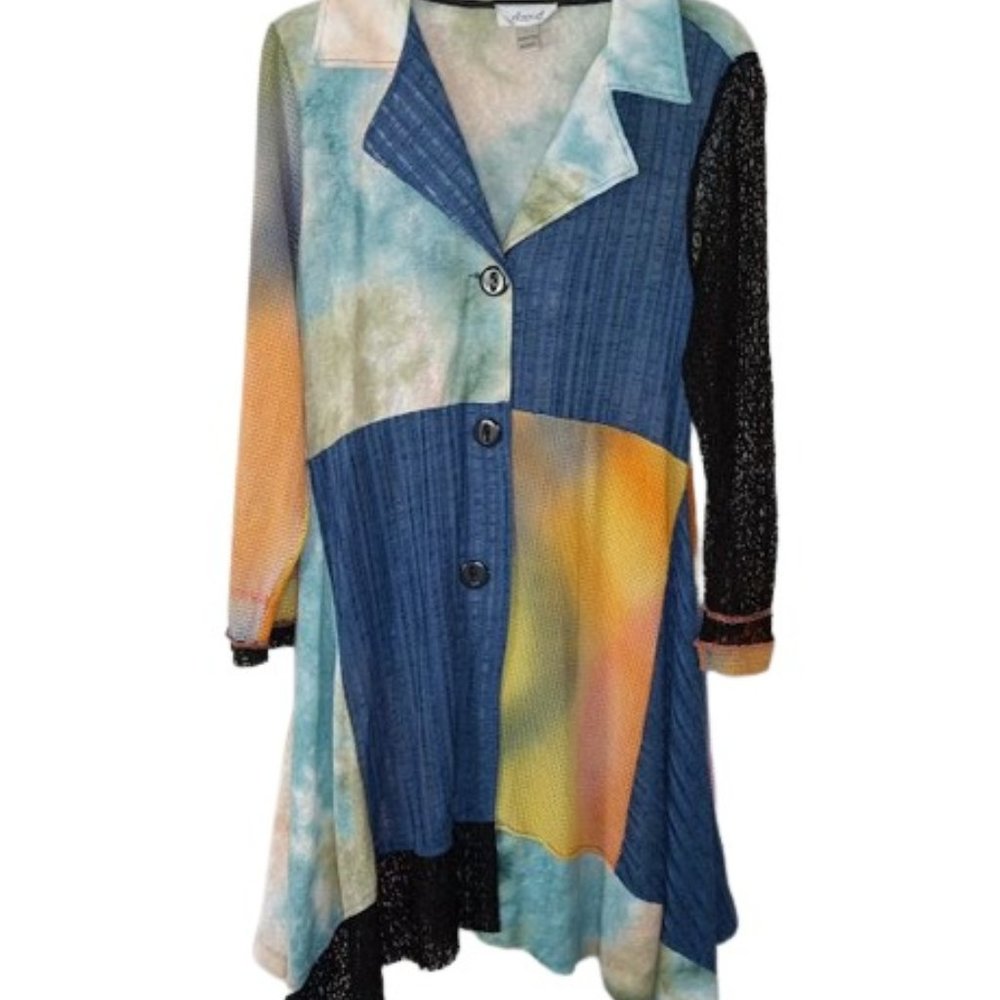Anis. A Womens Shirt Dress Multi Mix Patchwork Collared Button Up Lace Knit L